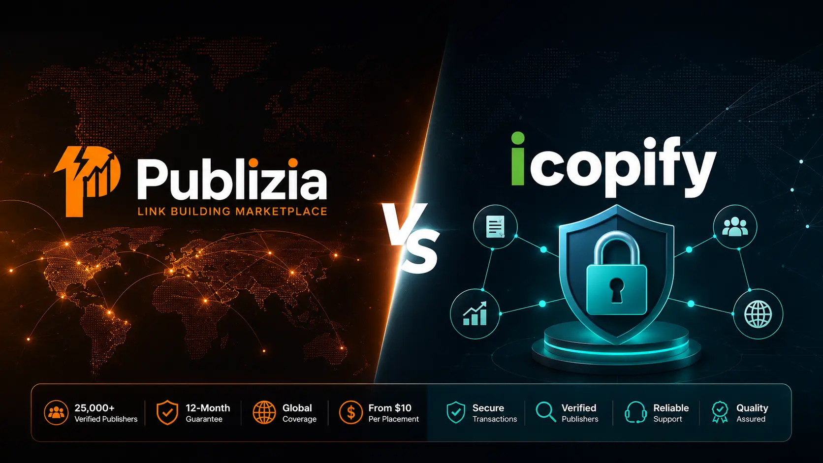 iCopify alternative comparison featured image showing Publizia vs iCopify with both platform logos, highlighting verified publishers, transparent pricing, global link building, buyer protection, and secure guest post marketplace features for SEO professionals in 2026.